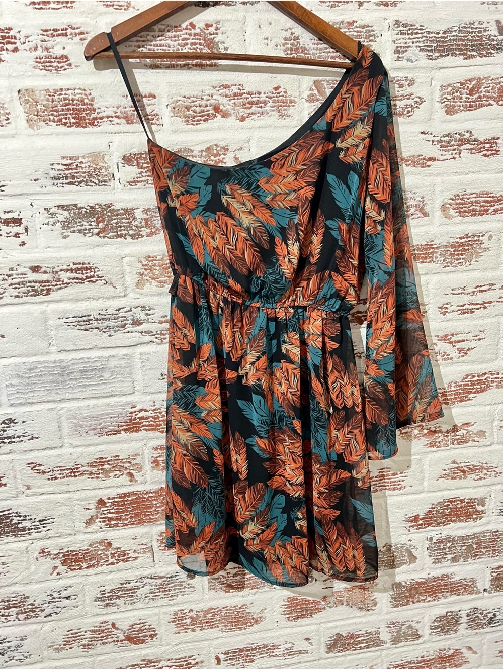 Blue Rain Dress One Shoulder Mini Dress Feather Print Bell Sleeve Boho Chic S